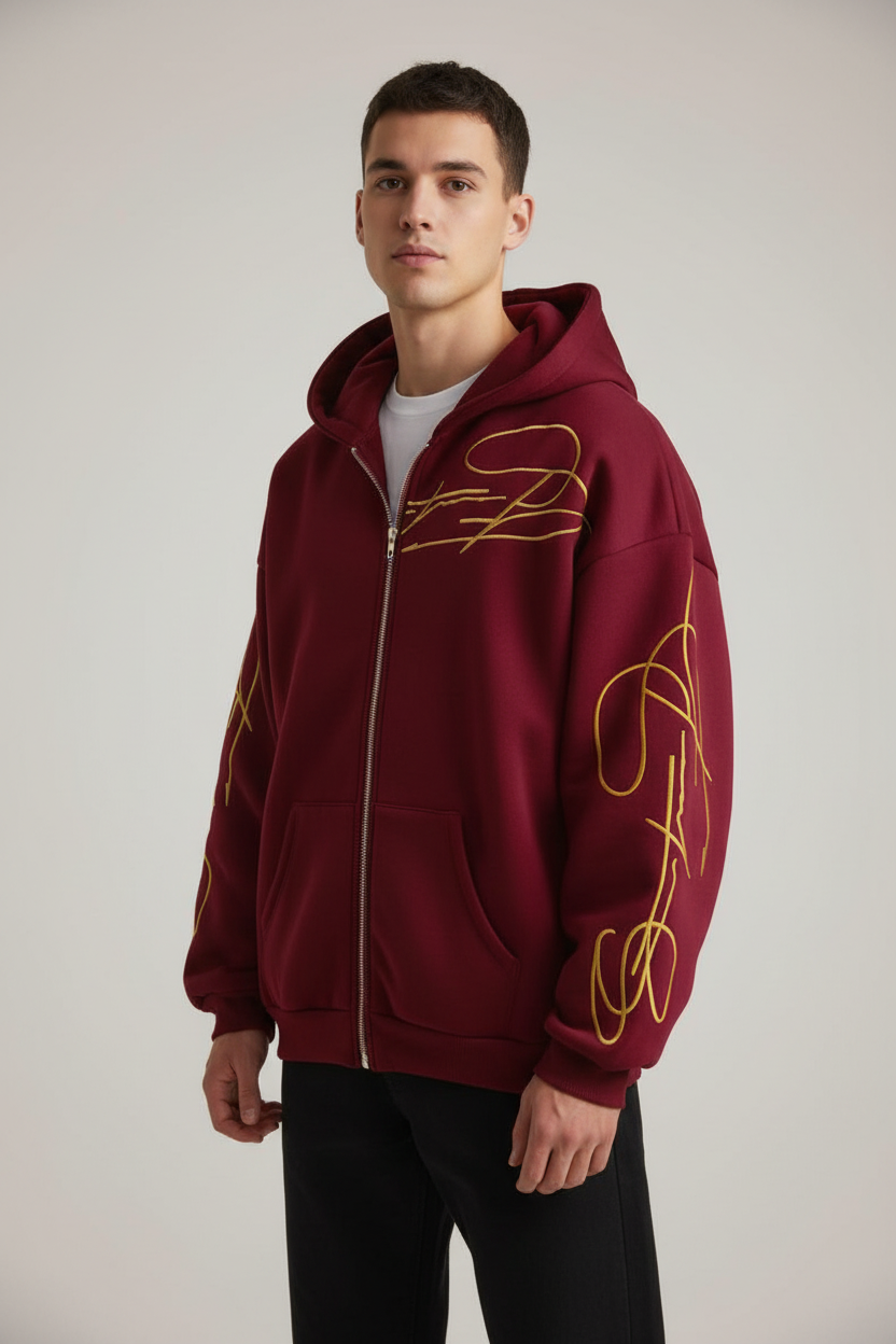 Photo 1 — White Model, Burgundy Zip Hoodie
