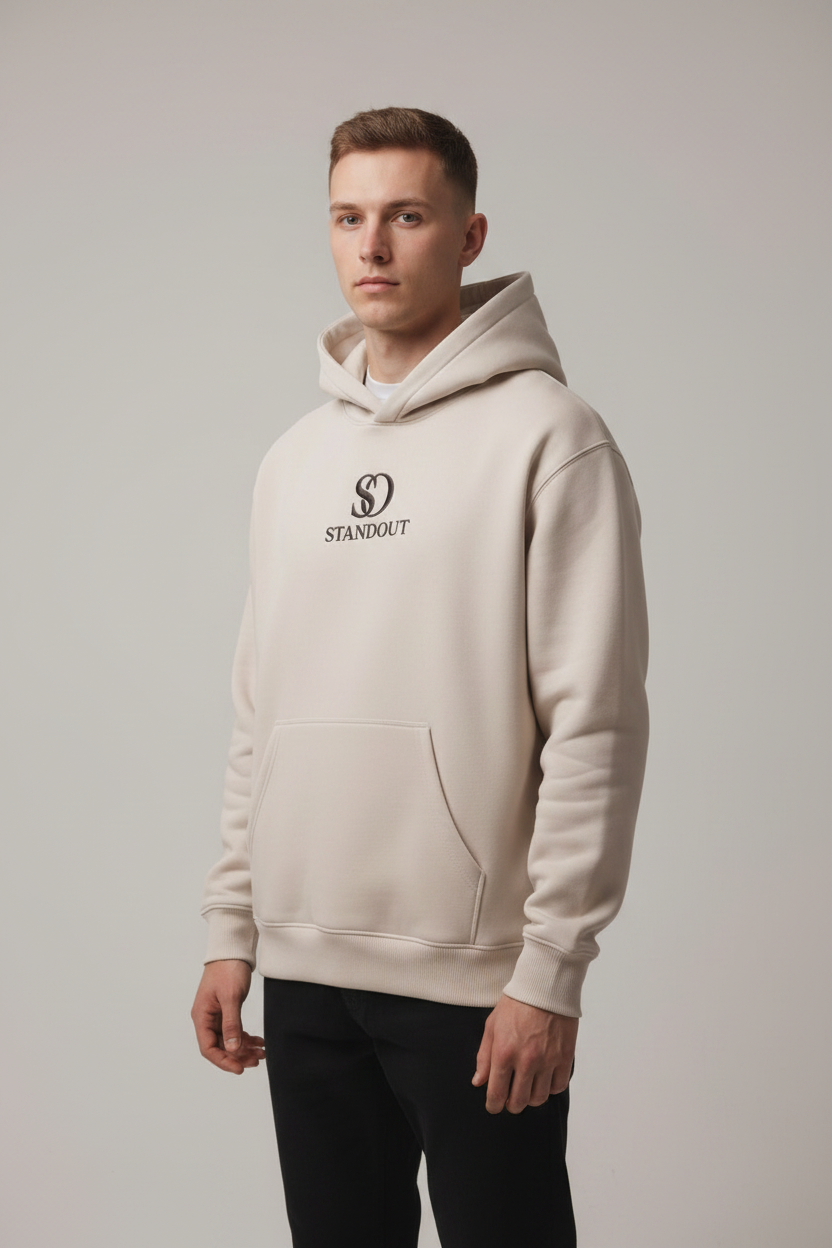 Photo 1 — White Model, Cream Hoodie Front