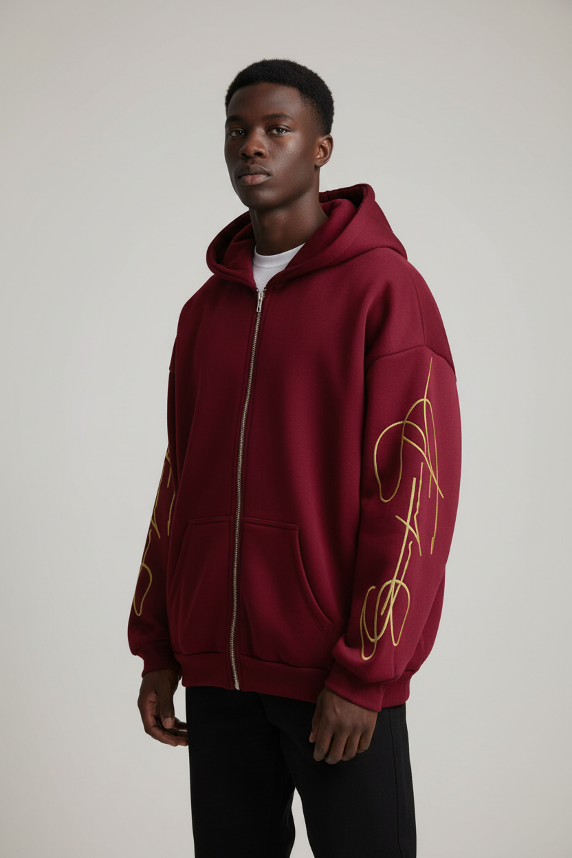 Photo 2 — Black Model, Burgundy Zip Hoodie